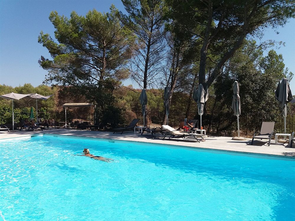 Piscina externa ao sol forte, cercada de pinheiros, com uma pessoa nadando ao fundo