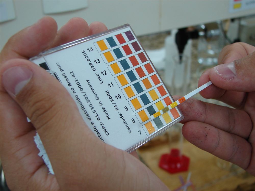 Mãos comparando uma fita indicadora de pH com a escala de cores da embalagem