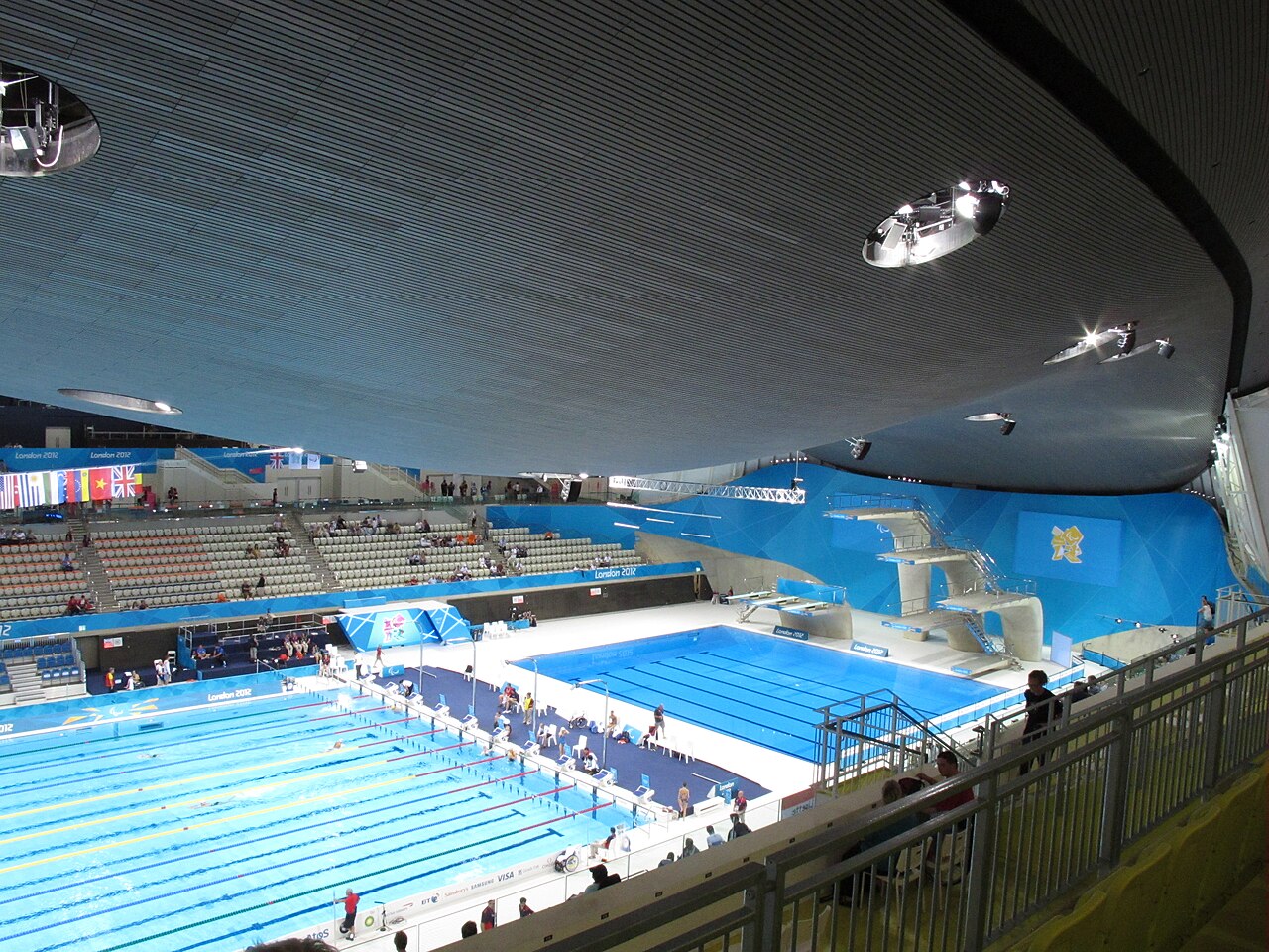 Piscina olímpica do Centro Aquático de Londres durante os Jogos de 2012, com as raias e o tanque de saltos ao fundo