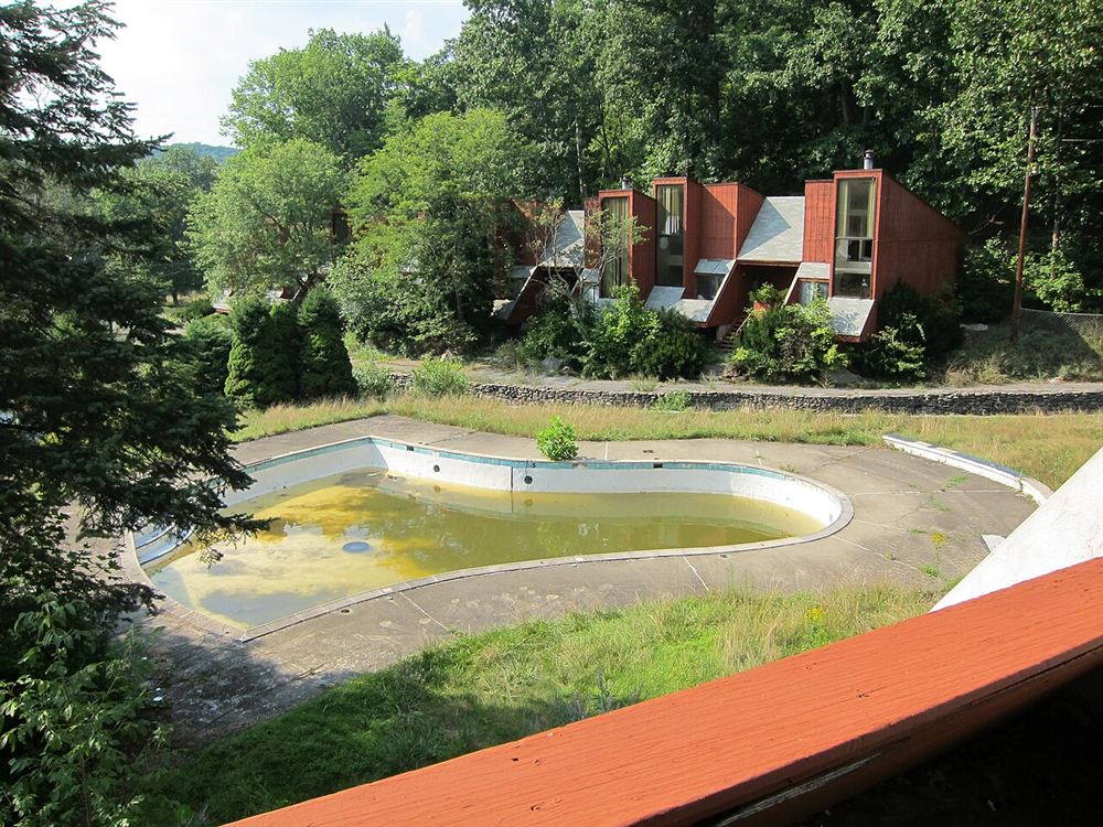 Piscina abandonada com pouca água verde-amarelada e mato ao redor