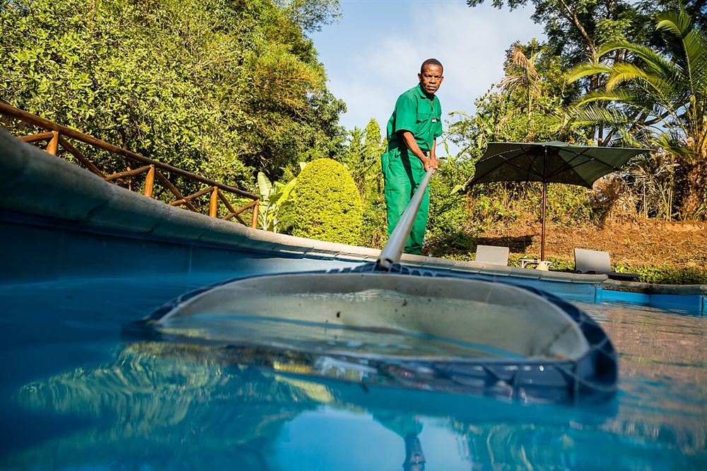 Piscineiro de uniforme verde retirando folhas da água com uma peneira