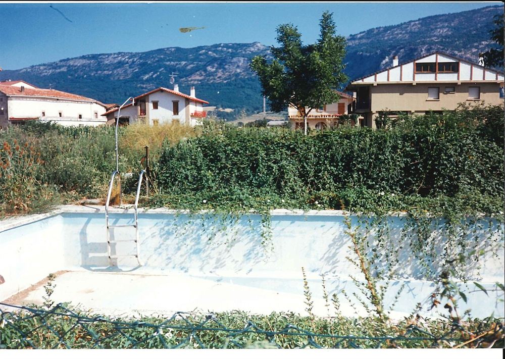 Piscina residencial vazia, de paredes brancas, com escada e mato ao redor